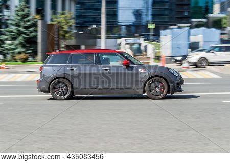 Mini Clubman Jcw Tests In Sunny Day On City Road. Moscow, Russia - August 2021