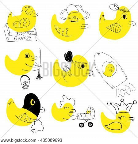 Duck Cartoon Vector Set Of Cute Yellow Ducks, Doodles, Hand-drawn