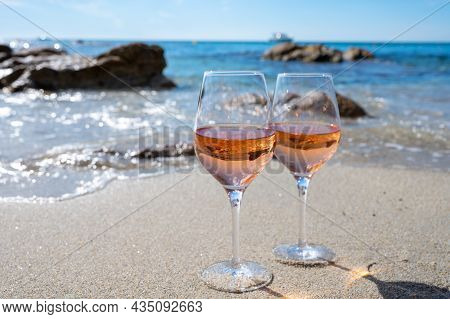 Summer Time In Provence, Two Glasses Of Cold Rose Wine On Sandy Beach Near Saint-tropez, Var Departm
