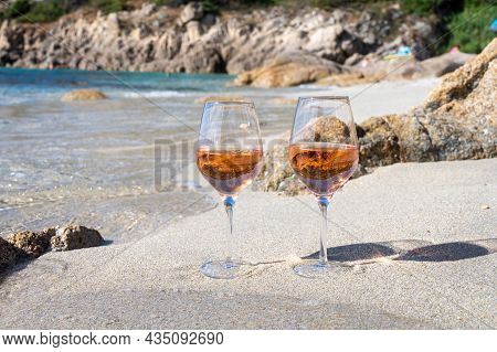 Summer Time In Provence, Two Glasses Of Cold Rose Wine On Sandy Beach Near Saint-tropez, Var Departm