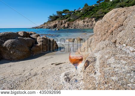 Summer Time In Provence, Glass Of Cold Rose Wine On Sandy Beach Near Saint-tropez, Var Department, F