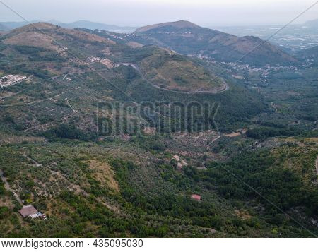 Small Mountain Village Lenola, Aerial View At Sunrise, Located Near Fondi, Latina, Italy
