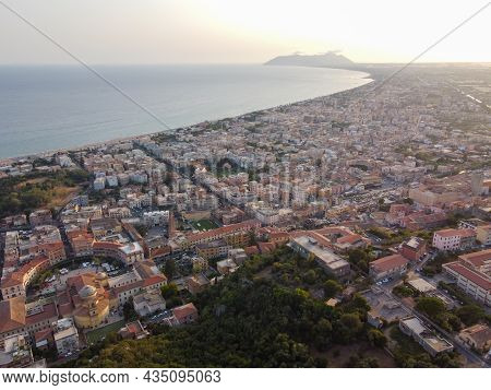 Aerial View On Terracina, Mountains And  Tyrrhenian Sea Bay, Ancient Italian City In Province Latina