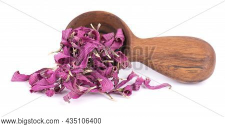 Dried Echinacea Flowers In Wooden Spoon, Isolated On White Background. Petals Of Echinacea Purpurea.