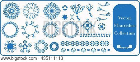 Scandia Style Small Floral Motif Flourish Vector Collection. Minimal Hand Drawn Icon Set With Border