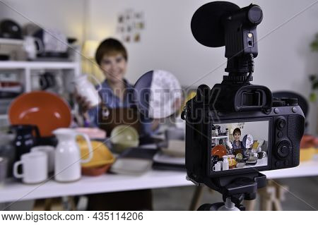 Asian Woman Blogger Vlogger And Online Influencer Recording Video Content On Online Marketing And Se