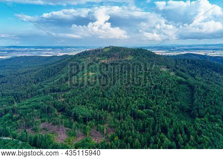Aerial View Of Beautiful Landscape In Mountains With Forest. Sleza Mountain Near Wroclaw In Poland. 