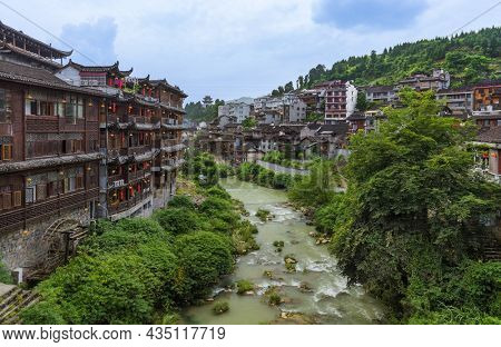 Furong, China - May 29, 2018: Furong ancient village and waterfall in Hunan.