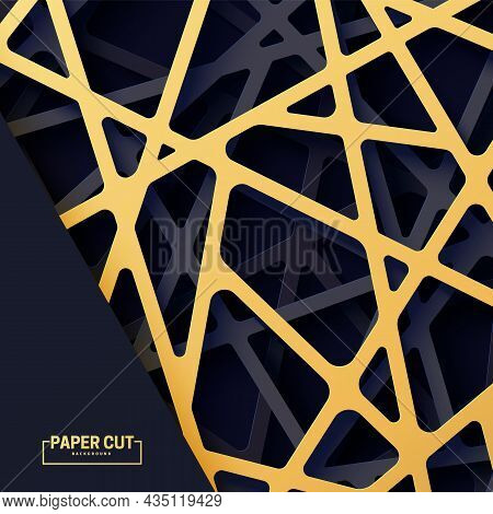 3d Realistic Backdrop With Cut Out Gold And Black Color Stripes Entangled Web. Abstract Luxury Backg
