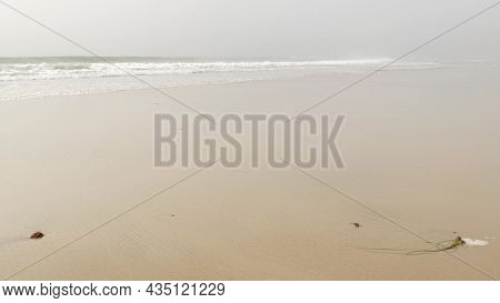 Sandy Misty Beach, Encinitas California Usa. Pacific Ocean Coast, Dense Fog Brume, Empty Sea Shore. 