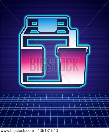 Retro Style Online Ordering And Fast Food Delivery Icon Isolated Futuristic Landscape Background. 80