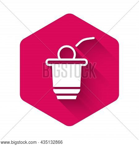 White Beer Pong Game Icon Isolated With Long Shadow Background. Alcohol Party Game. Pink Hexagon But
