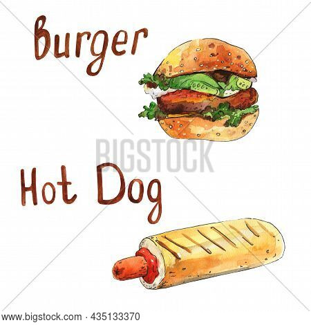 Hand-drawn Watercolor Fast Food Illustration. Drawing Of The Hamburger And Hot Dog Isolated On The W