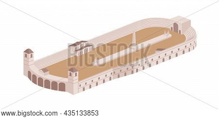 Roman Large Open-air Circus Maximus. Ancient Public Rectangle Building With Obelisk And Seats. Imper
