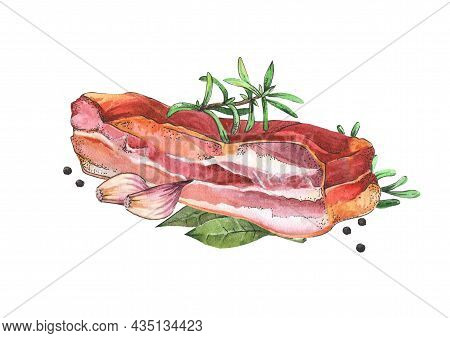 A Piece Of Smoked Pork With Rosemary And Garlic. Menu Design, Color Illustration Isolated On A White