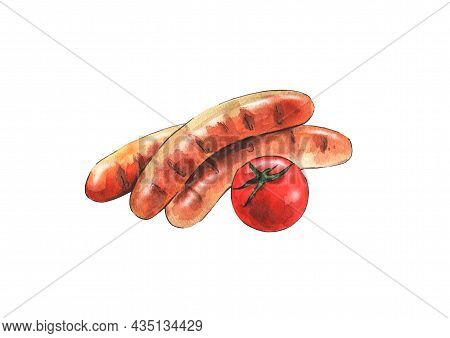 Grilled Sausages  Or Sausages With Tomato Cooked On The Fire On White Background. Watercolor Art.