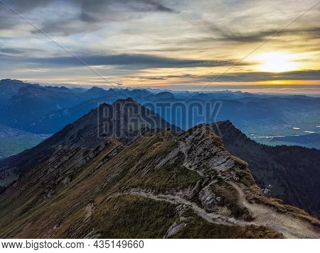 Beautiful Sunset On The Mountain. Peak Speer With A Fantastic View Of The Swiss Alps. Beautiful Even