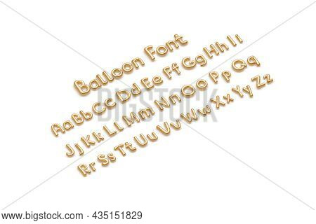 Inflated Gold Balloon Font With Capital And Lowercase Alphabet, Isolated, 3d Rendering. Mylar Matte 