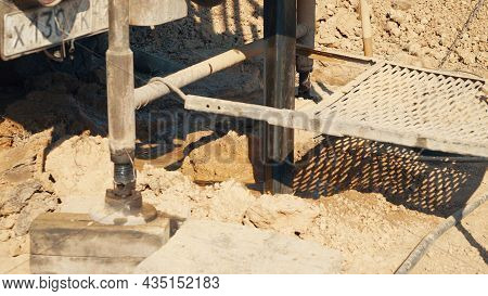 Water Well Drilling Rig, Drill Is Digging A Hole, Holes Boring In Ground With Drilling Rig Machine.