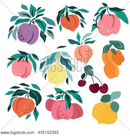 Modern Creative Fruit  Set  For  Summer Design.  Lemon, Pear, Peach, Apricot,  Plum,  Cherry, Raspbe