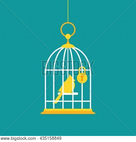 Locked Golden Bird Cage With Golden Bird Inside. Trap, Imprisonment, Jail Concept. Freedom, Dream, H