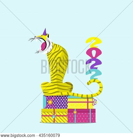 Roaring Tiger Sitting On Gifts. Symbol Of 2022. Flat Vector Illustration.