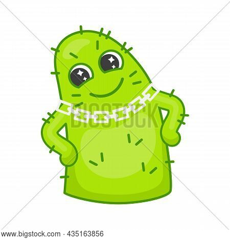 Bossy Cactus Cartoon Character Sticker. Green Plant With Chain And Hands On Hips. Flat Vector Illust