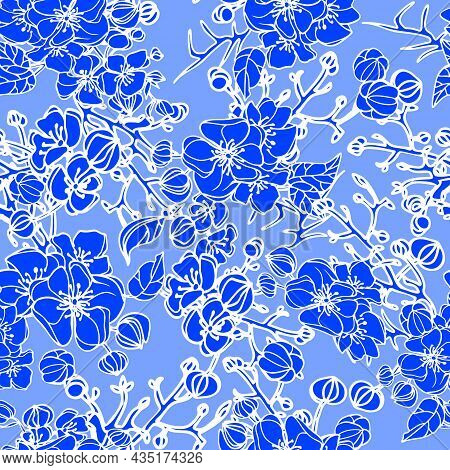 Vector Hand Drawn Repeat Pattern With Dark Blue Roses On Pastel Blue Background. Linear Flowers Text