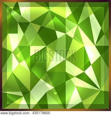 Square Green Gem Emerald In Golden Frame. Shiny Precious Gemstone  Background. Abstract Beautiful Ge