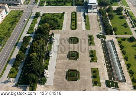 Juche Tower. Top View Of The Park And Juche Tower Street. Pyongyang, North Korea