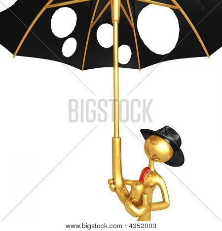 Businessman holding eine riesige Regenschirm mit Löcher