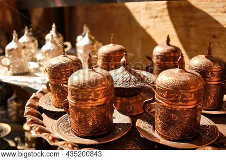 Handicraft Beaded Decorate Arabic Style Tea Cups. Brass Colored Traditional Middle-eastern Tea Set. 