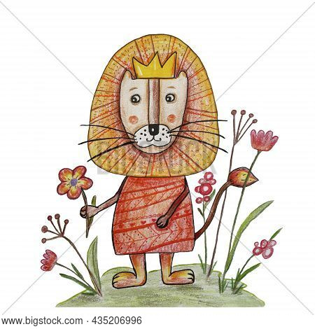 Lion In The Meadow, Flowers, Lion In The Crown, Illustration, Design Of Cards, Posters For The Nurse