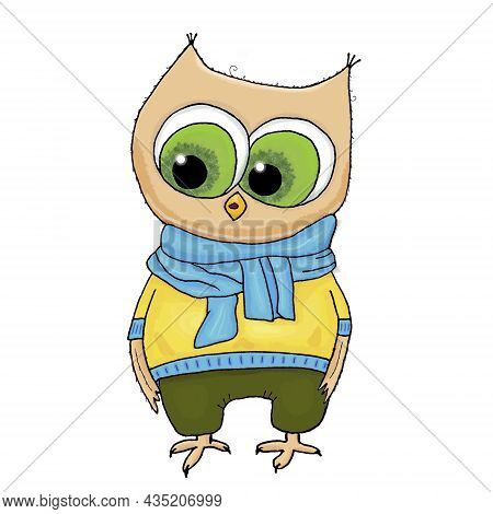Cute Owl In A Scarf. Illustration, Design Of Cards, Posters For The Nursery. Image On T-shirts. Imag