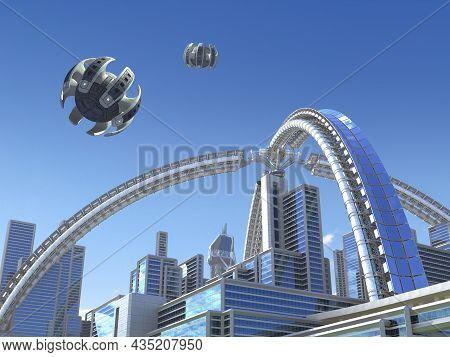 Futuristic Mega City Skyline Architecture With Metallic Arched Structures And Drones, For Science Fi