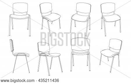 Vector Outline Illustration Of Office Visitor Chair, Different Views Set