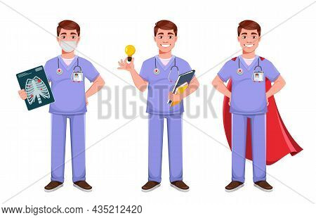 Handsome Doctor In Professional Uniform. Male Doctor, Set Of Three Poses. Stock Vector Illustration 