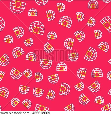 Line Igloo Ice House Icon Isolated Seamless Pattern On Red Background. Snow Home, Eskimo Dome-shaped
