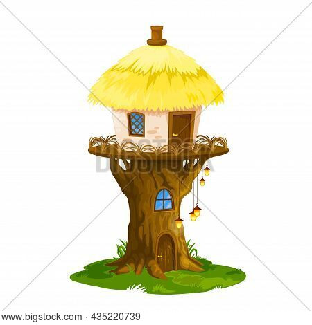 Fairy Elf Or Gnome House, Vector Dwelling Of Cartoon Fantasy Magic Forest Tree Stump With Cute Windo