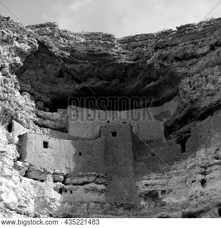 Black And White Montezuma's Castle National Monument, Located Near Camp Verde, Arizona, Usa
