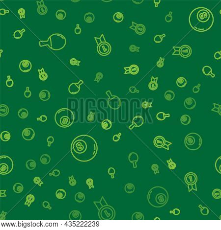 Set Line Racket For Playing Table Tennis, Billiard Pool Snooker Ball And Medal On Seamless Pattern. 