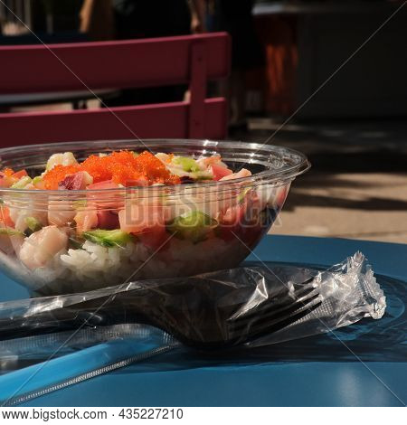 Refreshing Bahama Seafood Poke Bowl Lunch On Hot Summer Day