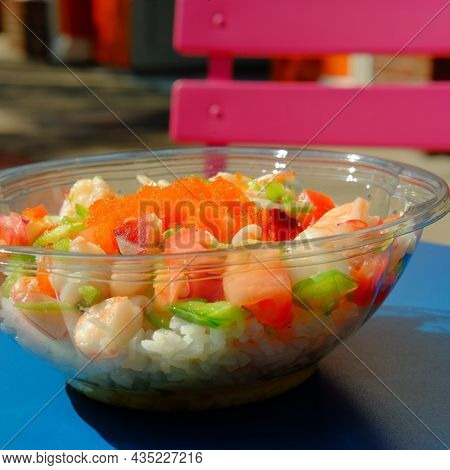 Refreshing Bahama Seafood Poke Bowl Lunch On Hot Summer Day