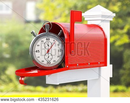 Mailbox with letters and stopwatch. Express fast delivery concept. 3d illustration