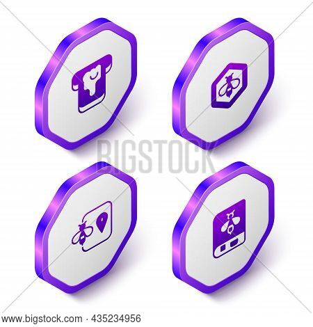 Set Isometric Bread With Honey, Bee And Honeycomb, Location And Book About Bee Icon. Purple Hexagon 