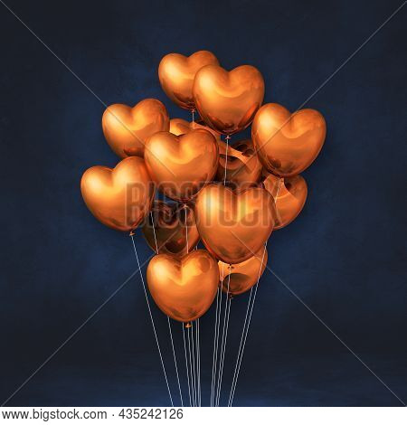 Copper Heart Shape Balloons Bunch On A Black Wall Background. 3d Illustration Render