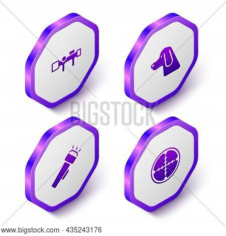 Set Isometric Sniper Optical Sight, Hunting Dog, Flashlight And Icon. Purple Hexagon Button. Vector