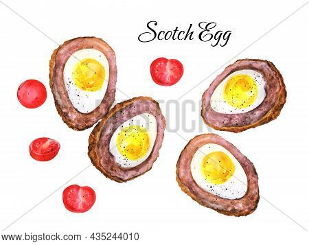 Scotch Egg, Rucola And Tomatoes Illustration Isolated On White Background. British Cuisine