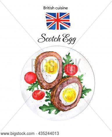Scotch Egg, Rucola And Tomatoes Illustration Isolated On White Background. British Cuisine