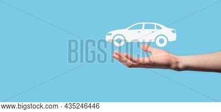 Digital Composite Of Man Holding Car Icon.car Automobile Insurance And Car Services Concept. Busines